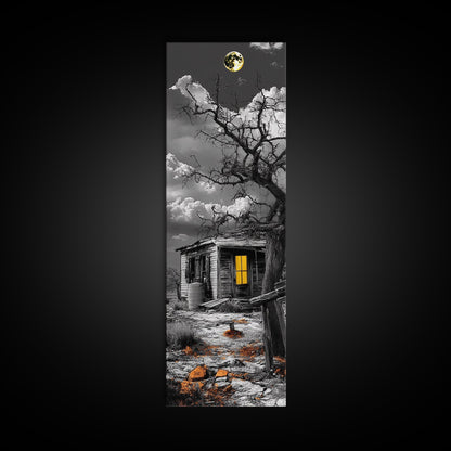 Haunted Cabin, Yellow Light, Full Moon, Framed Canvas Print, Halloween Wall Art, Gothic Decor, Spooky Home Accent, Fall Vibes
