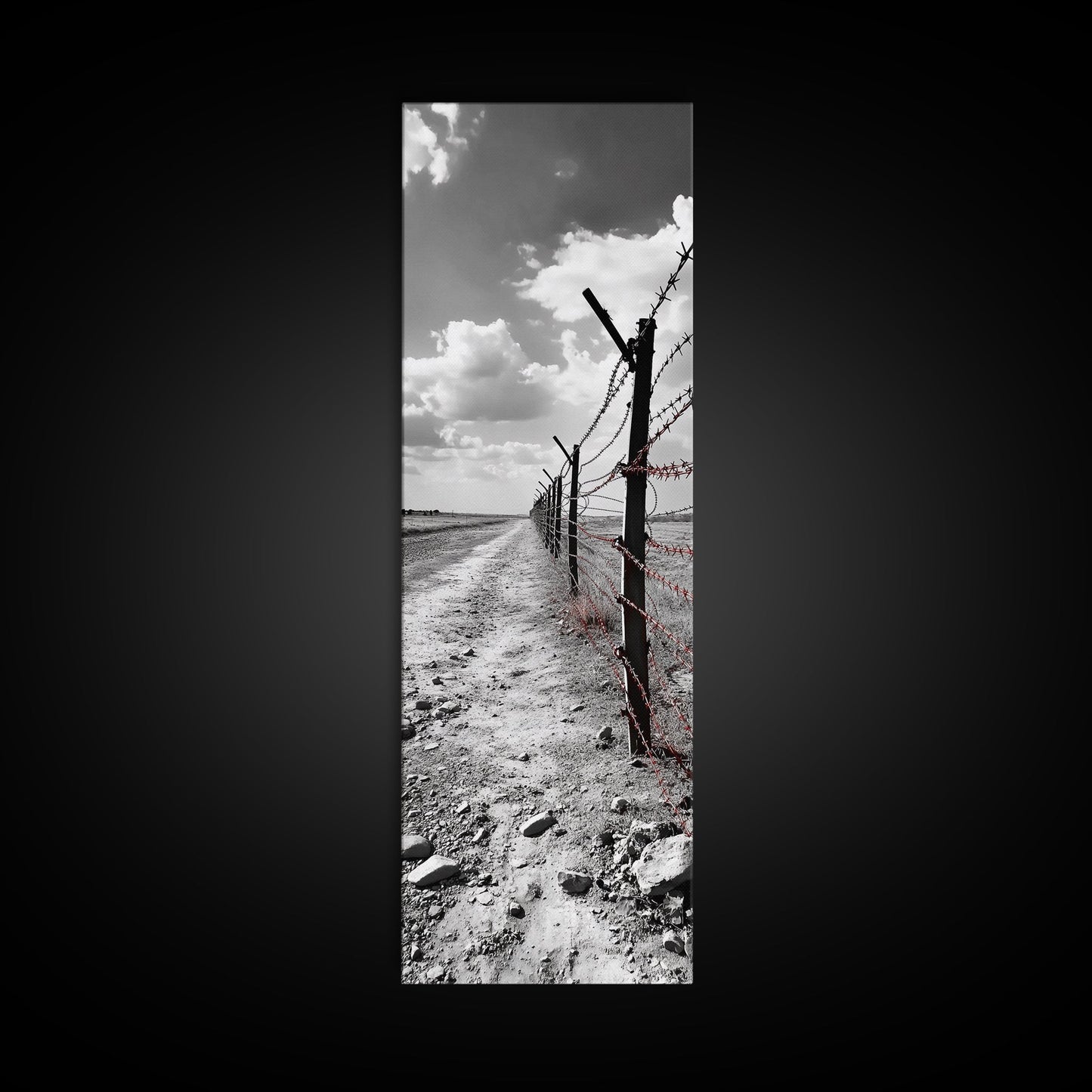 Red Barbed Wire, Desert Fence, Dystopian Path, Framed Canvas Print, Western Rustic Decor, Grunge Wall Art, Monochrome Landscape Style