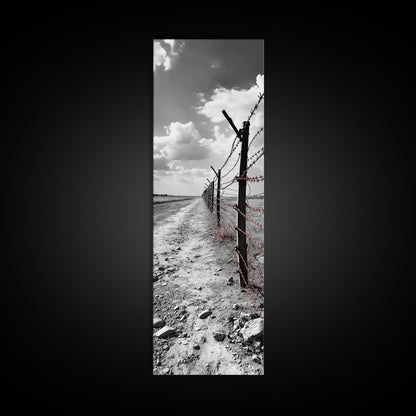 Red Barbed Wire, Desert Fence, Dystopian Path, Framed Canvas Print, Western Rustic Decor, Grunge Wall Art, Monochrome Landscape Style