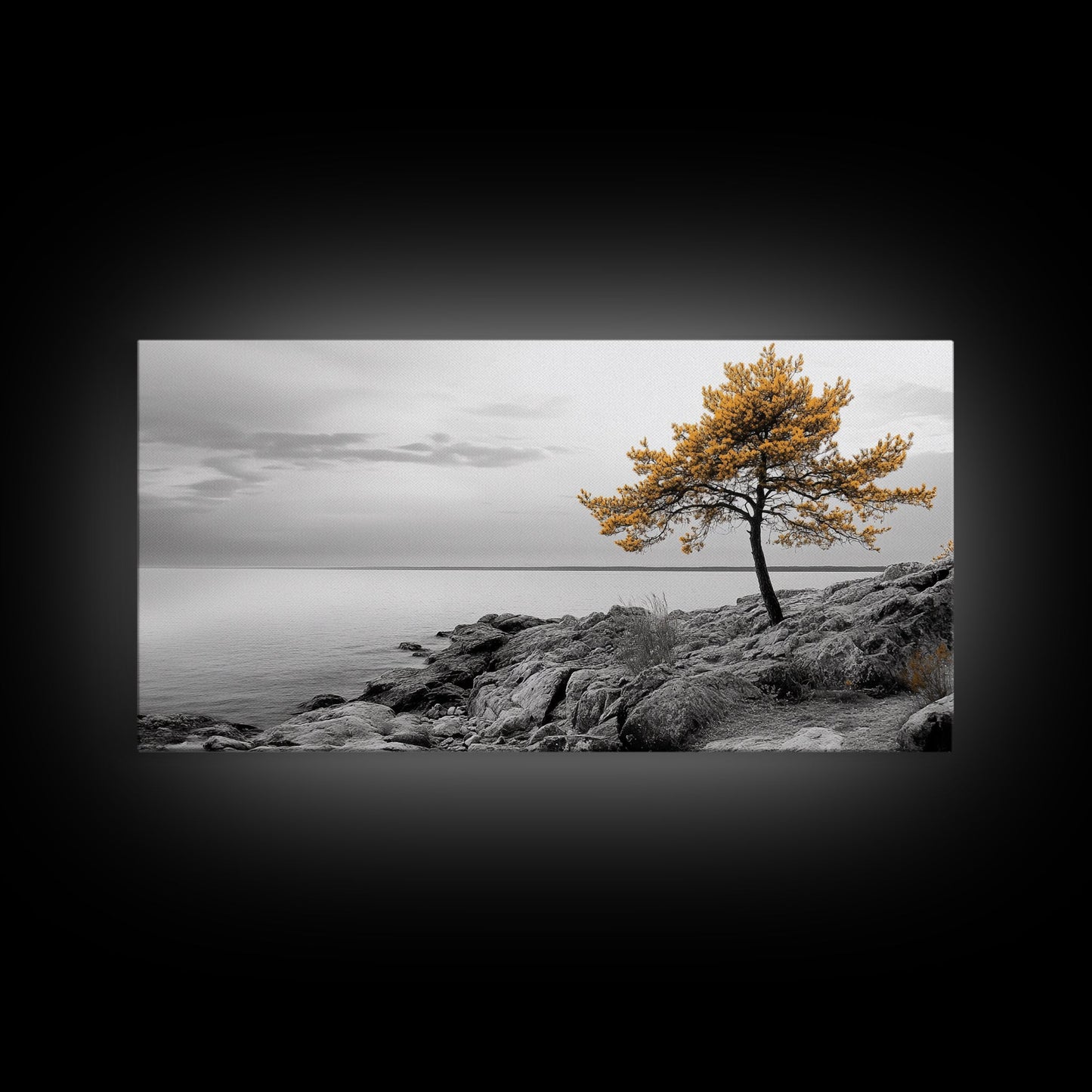 Yellow Tree, Rocky Coast, Minimal Landscape, Ocean Breeze – Canvas Print, Zen Wall Art, Nature Minimalist Decor, Scandinavian Interior