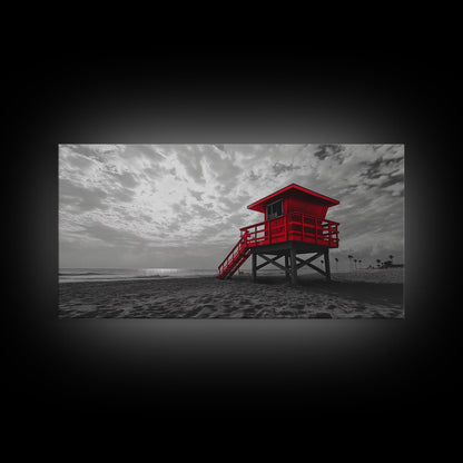 Red Lifeguard Tower, Beachscape, Dramatic Sky, Coastal Life, Framed Canvas Print, Modern Beach Wall Art, Bold Bathroom Decor