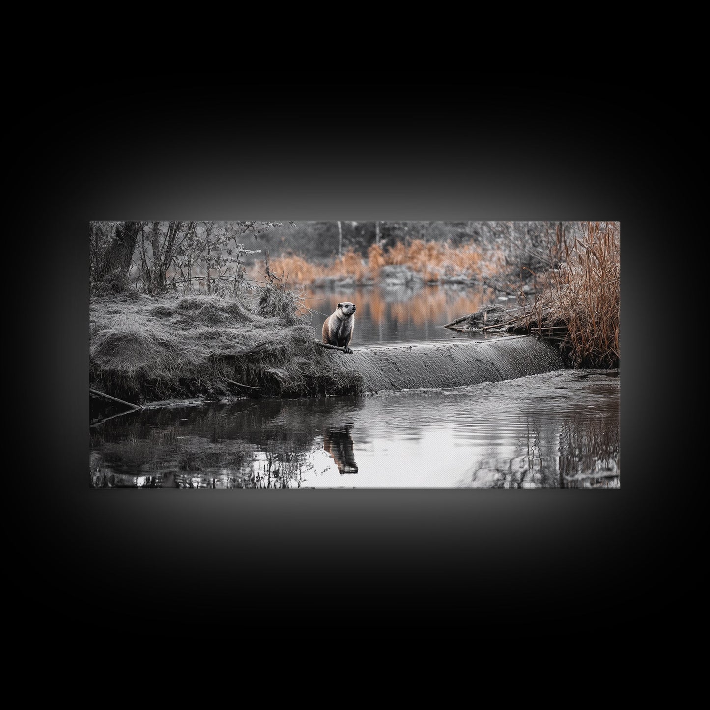 River Otter View, Wildlife Scene, Autumn Nature, Moody Landscape, Framed Canvas Print, Cabin Decor, Animal Wall Art, Woodland Aesthetic