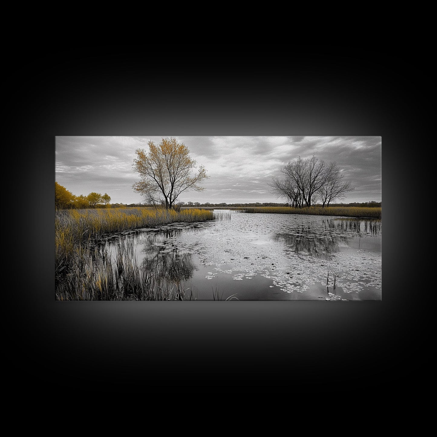 Lily Pond Trees, Serene Reflection, Autumn Landscape, Calm Water Scene, Framed Canvas Print, Nature Wall Art, Fall Living Room Decor