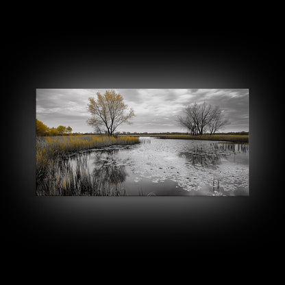Lily Pond Trees, Serene Reflection, Autumn Landscape, Calm Water Scene, Framed Canvas Print, Nature Wall Art, Fall Living Room Decor
