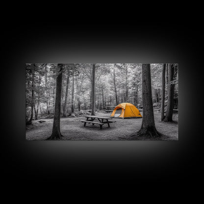 Yellow Tent, Forest Camping, Wilderness Escape, Outdoor Living, Framed Canvas Print, Fall Bedroom Art, Minimalist Nature, Hiking Vibes