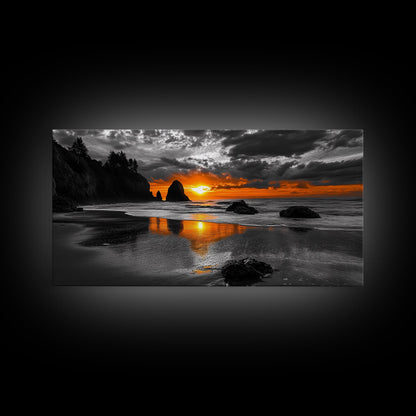 Sunset Beach, Fiery Sky, Ocean Glow, Moody Seascape, Framed Canvas Print coastal living room wall art, dramatic sunset photography