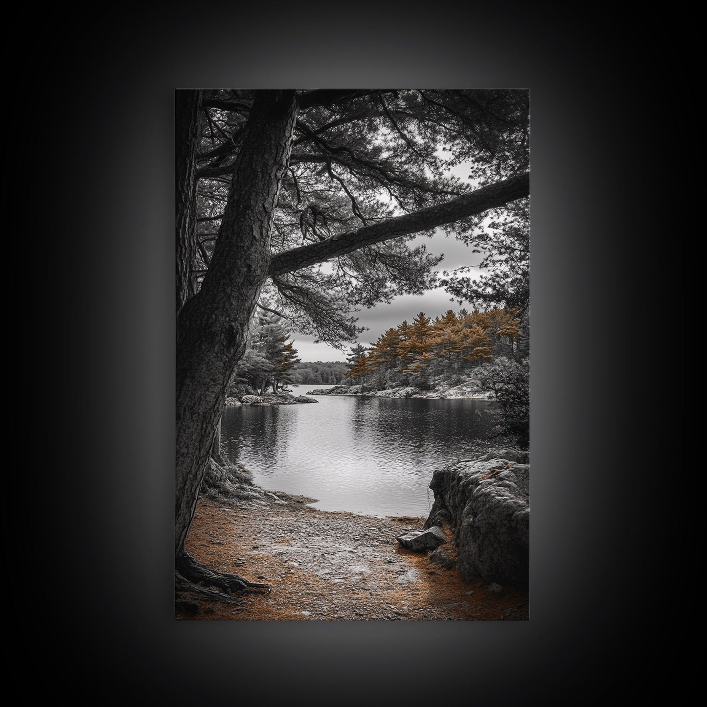 Autumn Forest Lake, Nature Photography, Scenic Landscape, Canvas Print, Rustic Cabin Decor, Neutral Tones, Bedroom Wall Art, Outdoor Art