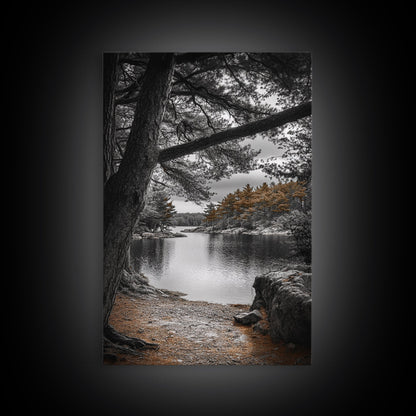 Autumn Forest Lake, Nature Photography, Scenic Landscape, Canvas Print, Rustic Cabin Decor, Neutral Tones, Bedroom Wall Art, Outdoor Art