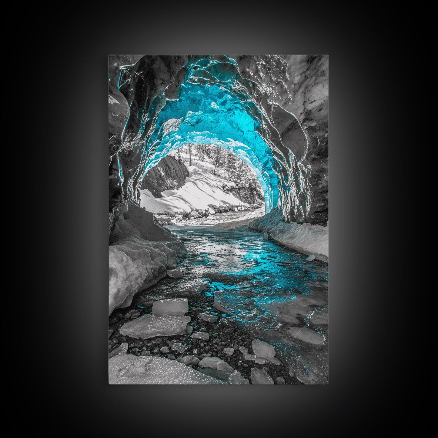 Blue Ice Cave, Winter Tunnel, Arctic Wonderland, Framed Canvas Print, Nature Wall Art, Minimalist Photography, Cool Tone Decor