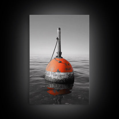 Meeresboje, rote Markierung, maritimer Minimalismus, Leinwanddruck, Küsten-Badezimmerkunst, nautische Wanddekoration, maritime Industrieästhetik