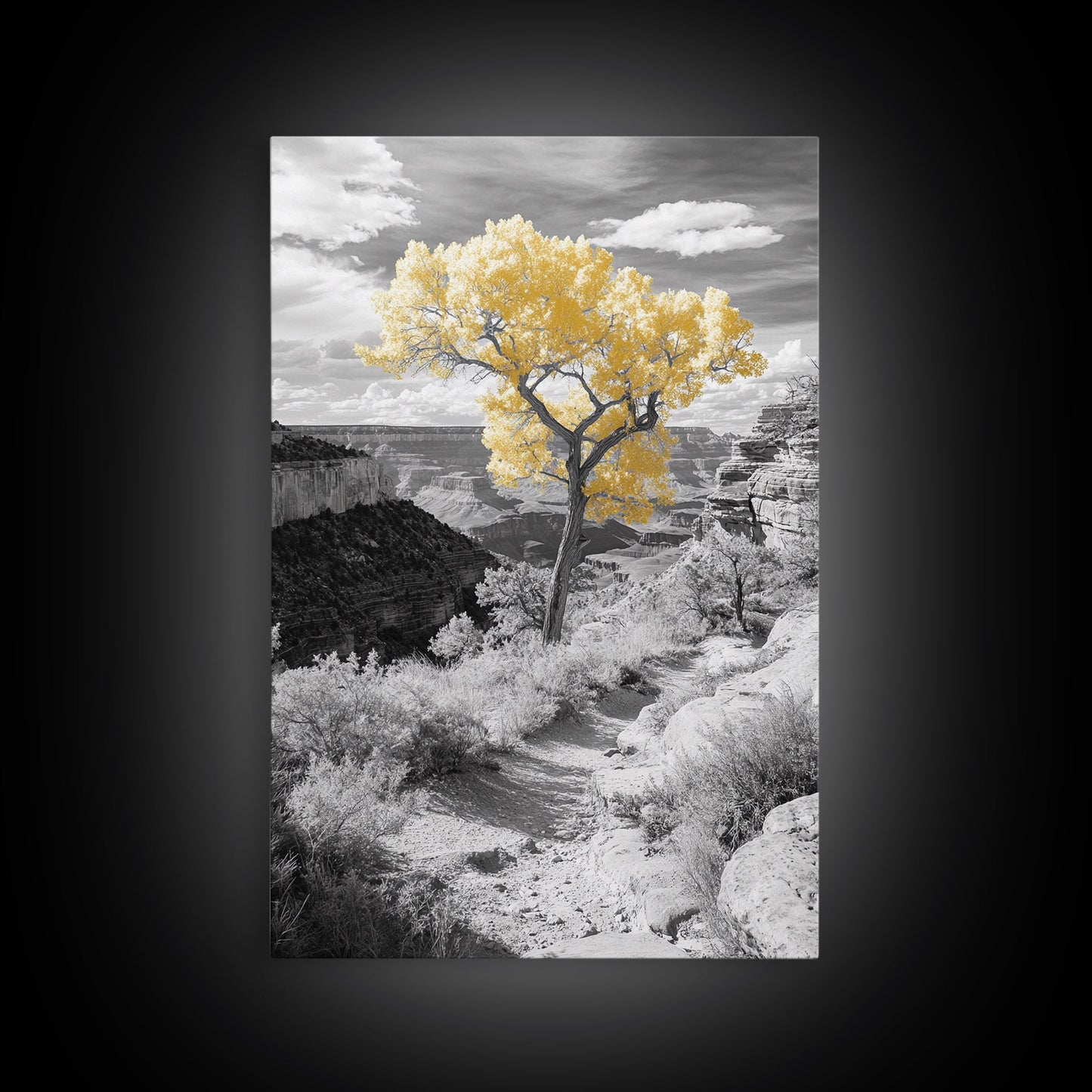 Autumn Canyon Trail, Yellow Tree, Nature Photography, Framed Canvas Print, Fall Wall Decor, Grand Canyon Print, Minimalist Landscape Art