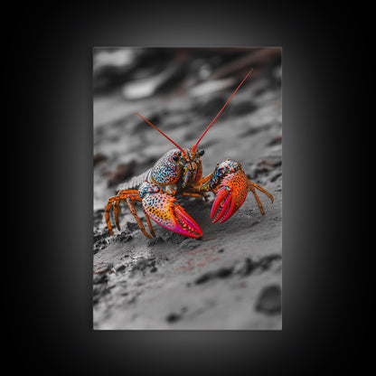 Colorful Lobster, Beach Wildlife, Close-Up Macro Art, Framed Canvas Print, Kitchen Wall Art, Coastal Marine Decor, Vibrant Style