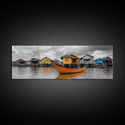 Colorful House Boats, Yellow Stilt Village, Framed Canvas Print, Vibrant Coastal Wall Art, Travel Photography, Living Room Accent Decor