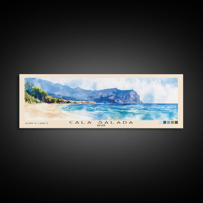 Cala Salada, Spain Watercolor Beach Print, Vacation Gift, Spain Wall Art, Framed Canvas Print, Framed Beach Painting
