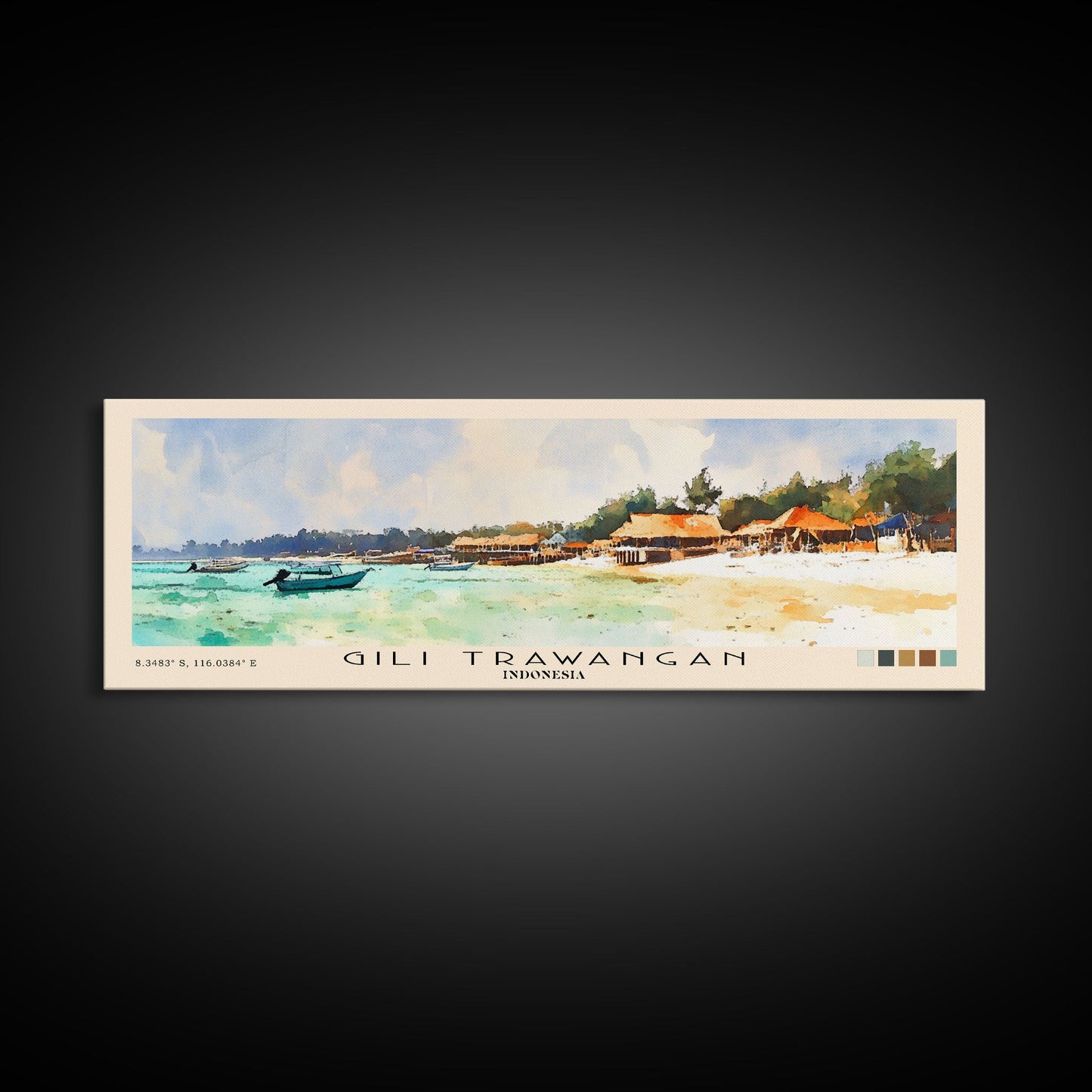 Gili Trawangan, Indonesia Watercolor Beach Print, Vacation Gift, Indonesia Wall Art, Framed Canvas Print, Framed Beach Painting