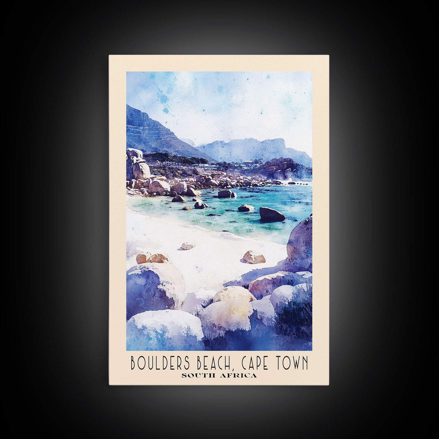 Boulders Beach, Cape Town, South Africa Watercolor Print, Vacation Gift, South Africa Wall Art, Beach Painting, Beach Decor, Large Wall Art, Wood Frame Art
