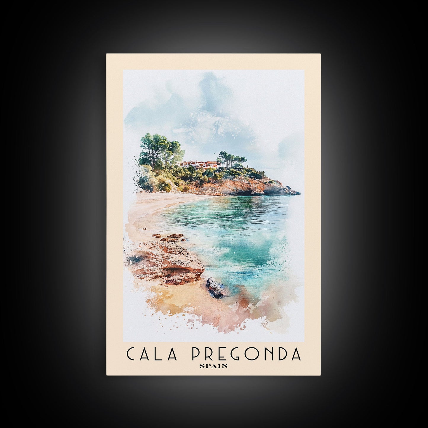 Cala Pregonda, Spain Watercolor Print, Vacation Gift, Spain Wall Art, Beach Painting, Beach Decor, Large Wall Art, Wood Frame Art