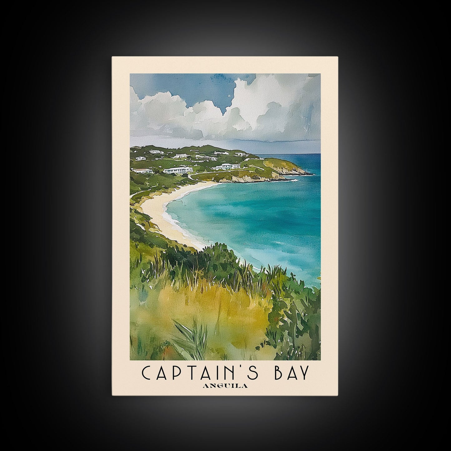 Captain's Bay, Anguila Watercolor Print, Vacation Gift, Anguila Wall Art, Beach Painting, Beach Decor, Large Wall Art, Wood Frame Art