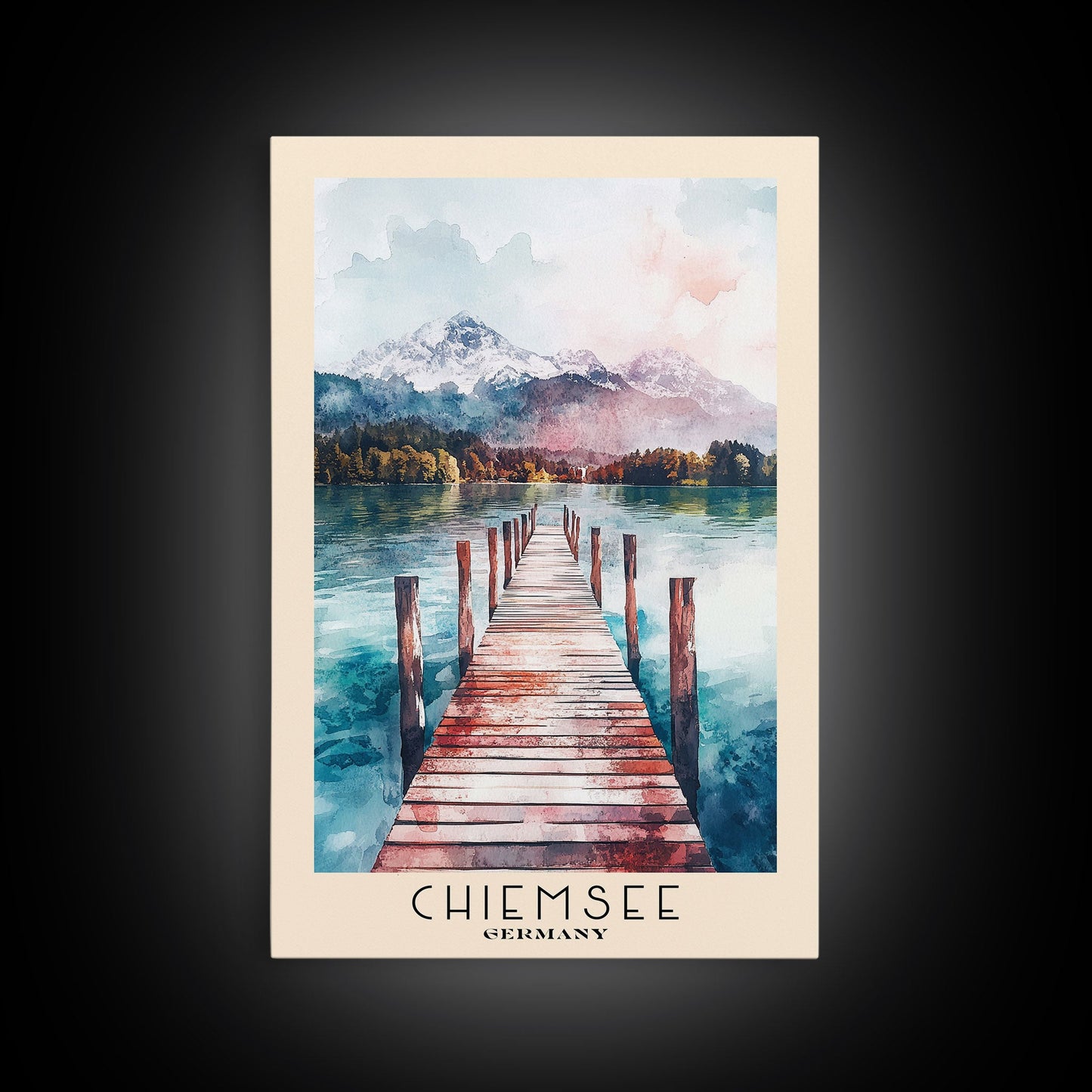 Chiemsee, Germany Watercolor Print, Vacation Gift, Germany Wall Art, Beach Painting, Beach Decor, Large Wall Art, Wood Frame Art