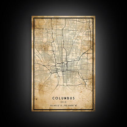 Columbus vintage map print poster or framed canvas, Ohio map print poster canvas, Columbus city map print poster canvas