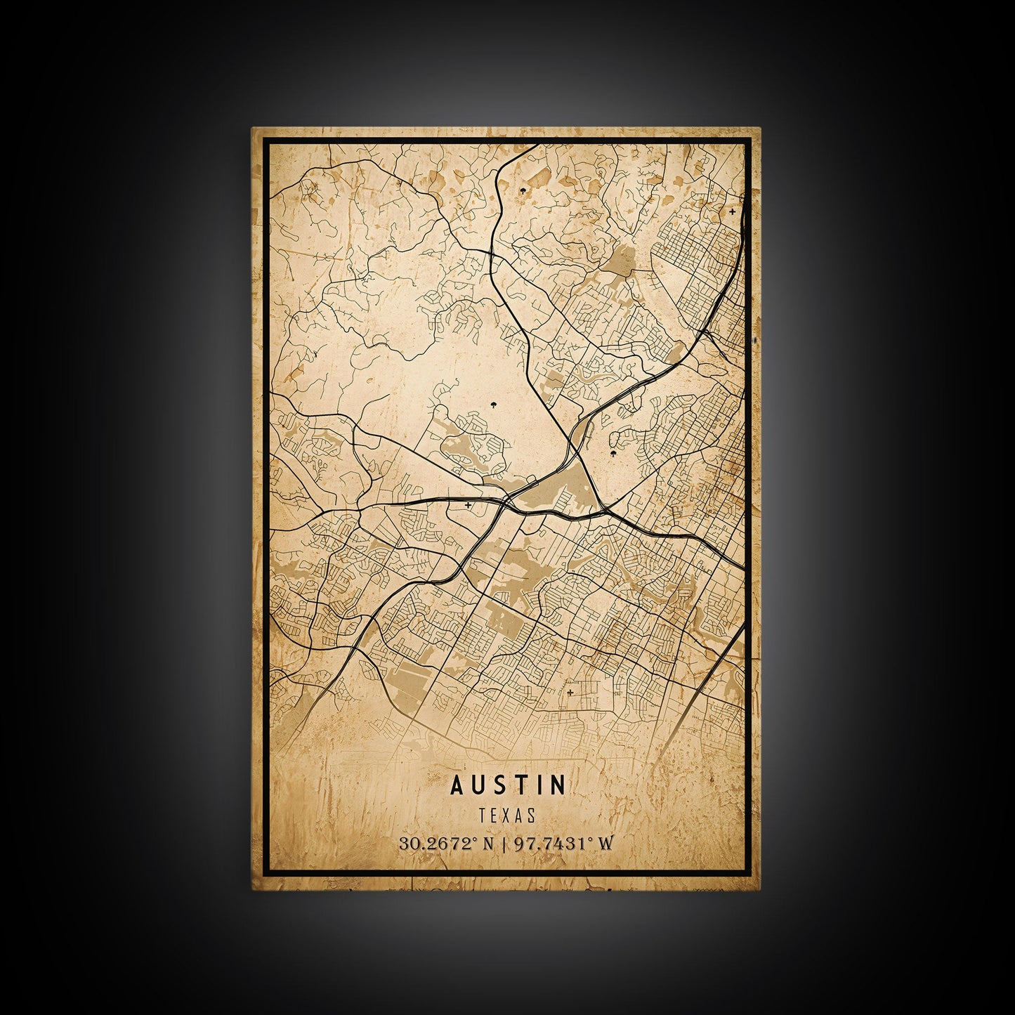 Austin Map Print Canvas or Poster, Texas Map Art, Texas Map Print, Vintage Austin Texas Map Framed Art, Retro / Distressed Office Art