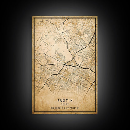 Austin Map Print Canvas or Poster, Texas Map Art, Texas Map Print, Vintage Austin Texas Map Framed Art, Retro / Distressed Office Art