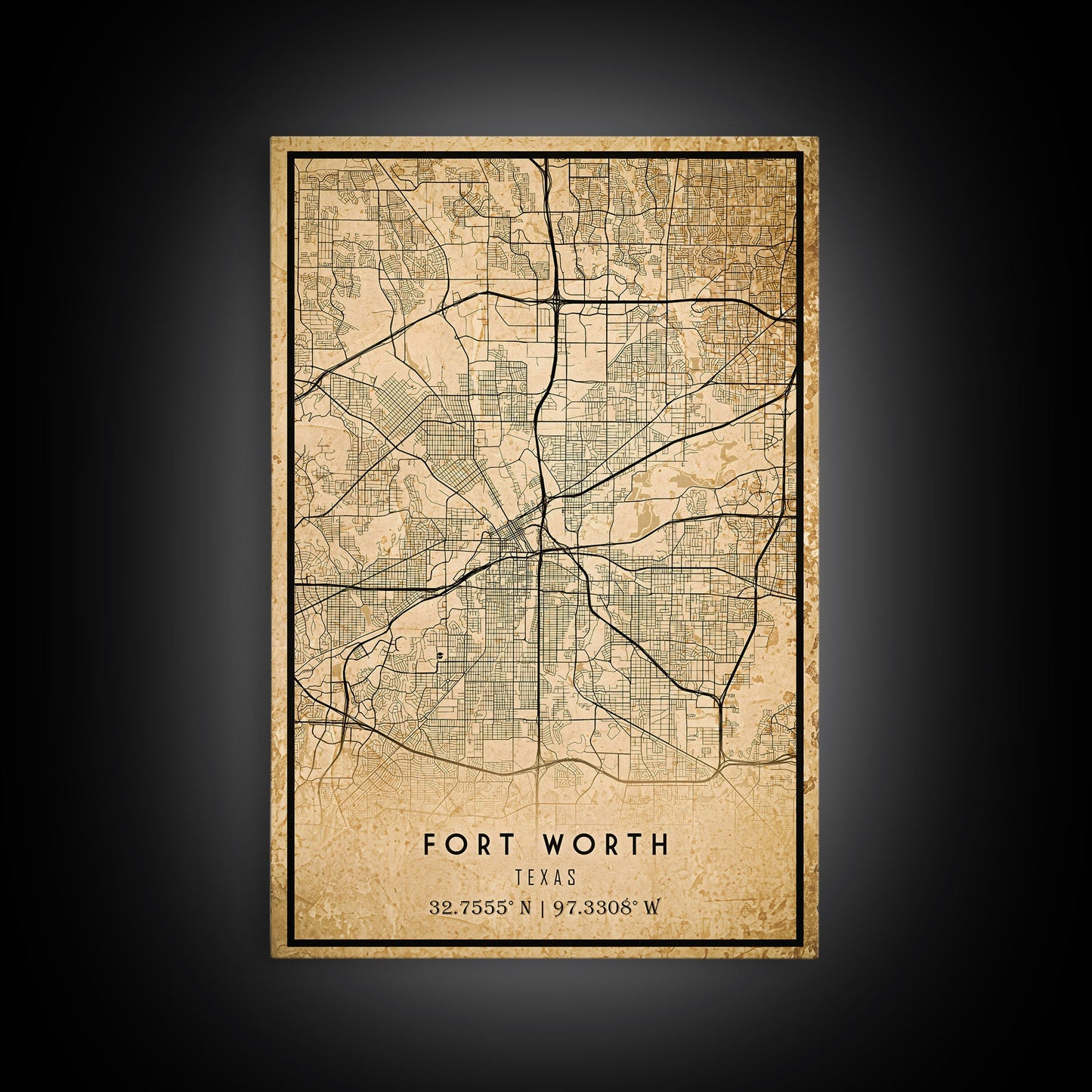 Fort Worth map print poster or framed canvas, Texas map print poster canvas, Fort Worth city map print poster canvas, Panther City