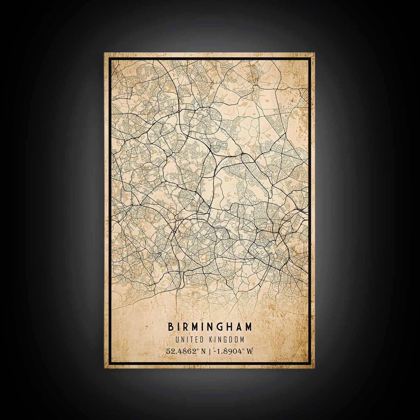 Birmingham UK map print poster or framed canvas, England map print poster canvas, UK city map print poster canvas, Vintage Travel Art