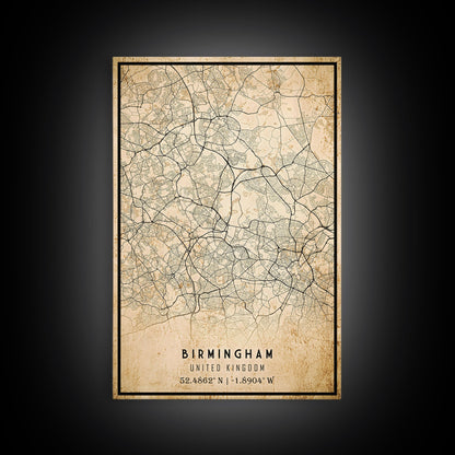 Birmingham UK map print poster or framed canvas, England map print poster canvas, UK city map print poster canvas, Vintage Travel Art