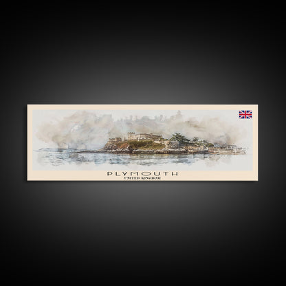 Plymouth United Kingdom Panoramic Travel Poster, Framed Canvas Print or Metal Wall Art, Travel Art, Home Decor, Panoramic Painting, Midcentury Art
