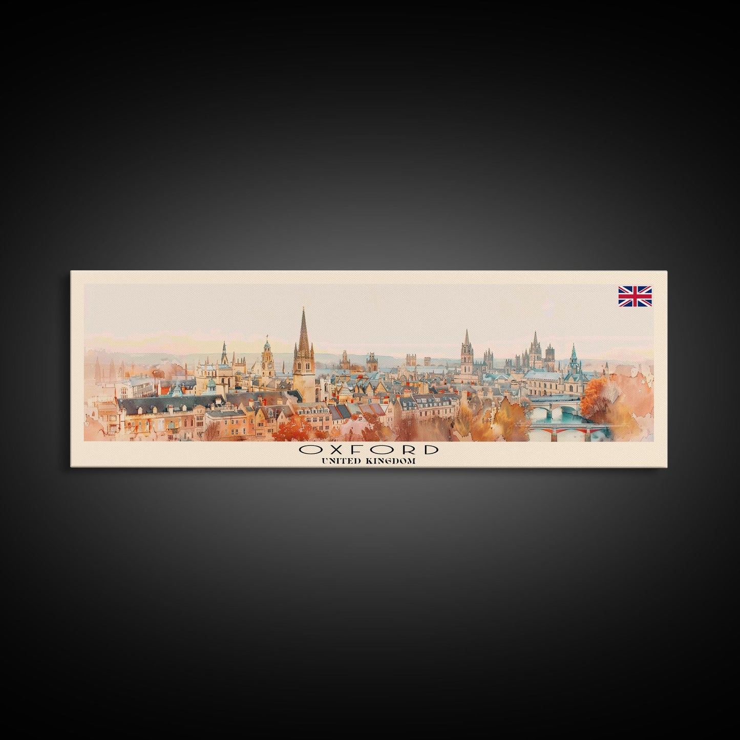 Oxford United Kingdom Panoramic Travel Poster, Framed Canvas Print or Metal Wall Art, Travel Art, Home Decor, Panoramic Painting, Midcentury Art