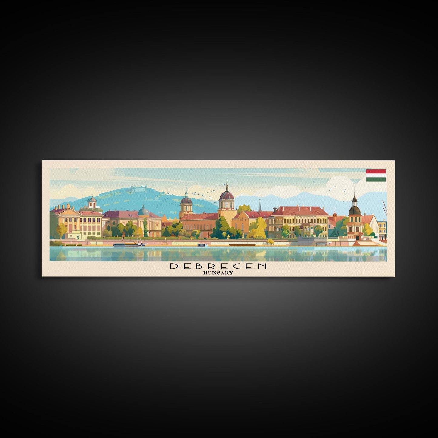Debrecen Hungary Panoramic Travel Poster, Framed Canvas Print or Metal Wall Art, Travel Art, Home Decor, Panoramic Painting, Midcentury Art