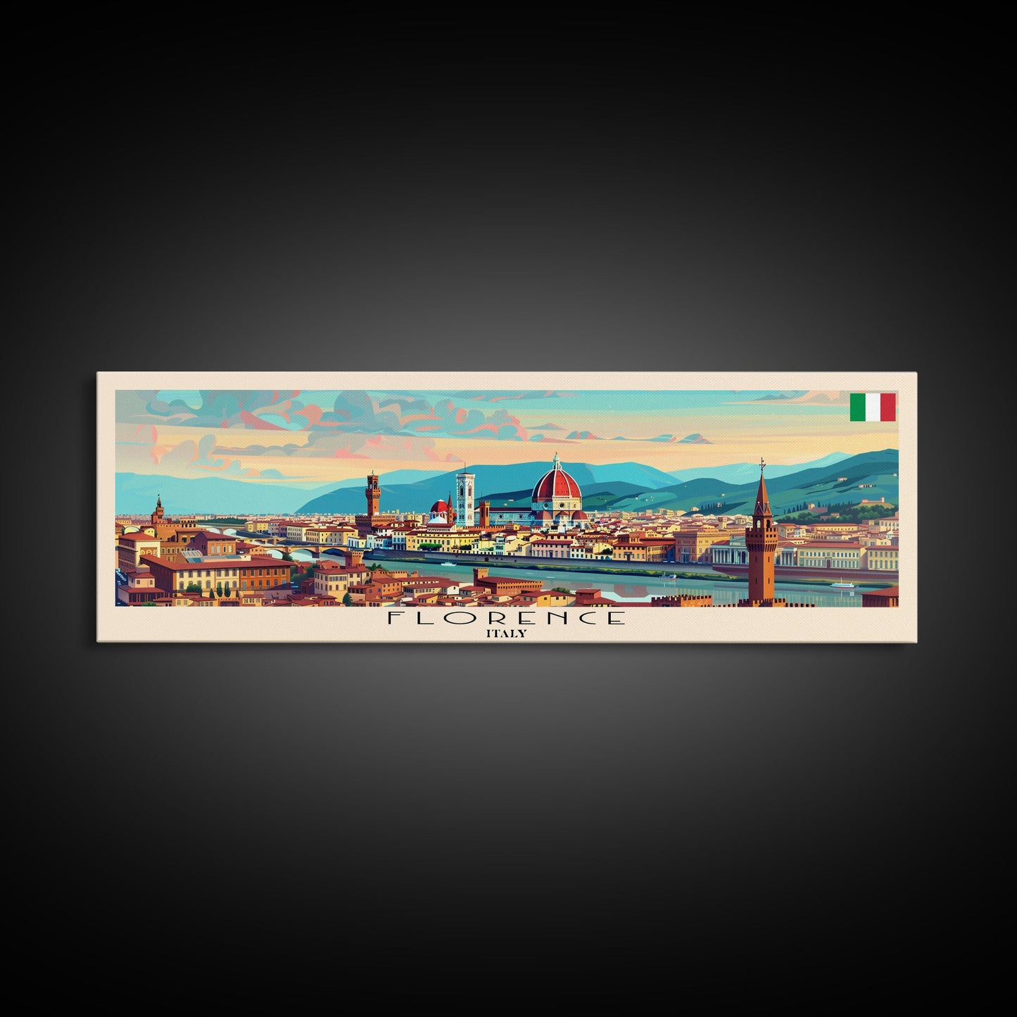 Florence Italy Panoramic Travel Poster, Framed Canvas Print or Metal Wall Art, Travel Art, Home Decor, Panoramic Painting, Midcentury Art