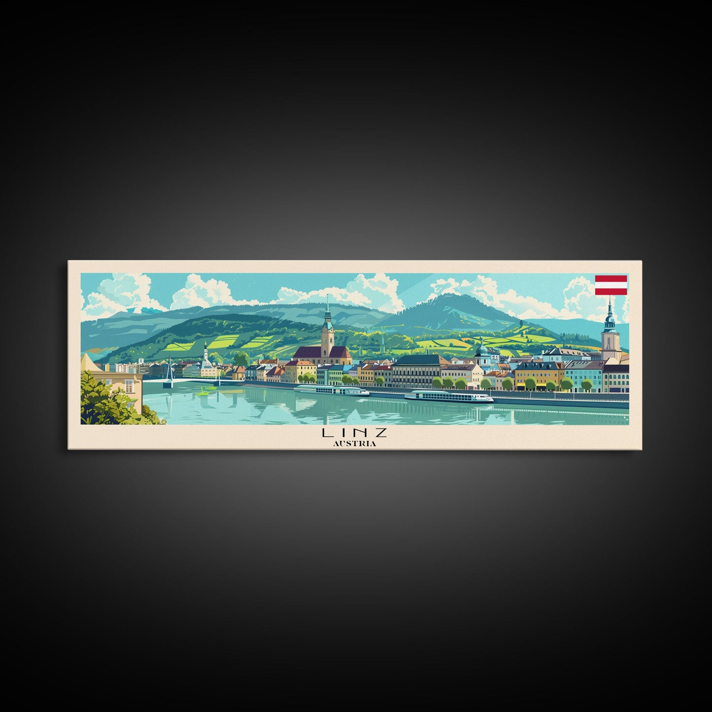 Linz Austria Panoramic Travel Poster, Framed Canvas Print or Metal Wall Art, Travel Art, Home Decor, Panoramic Painting, Midcentury Art