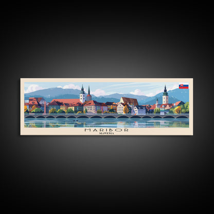 Maribor Slovenia Panoramic Travel Poster, Framed Canvas Print or Metal Wall Art, Travel Art, Home Decor, Panoramic Painting, Midcentury Art