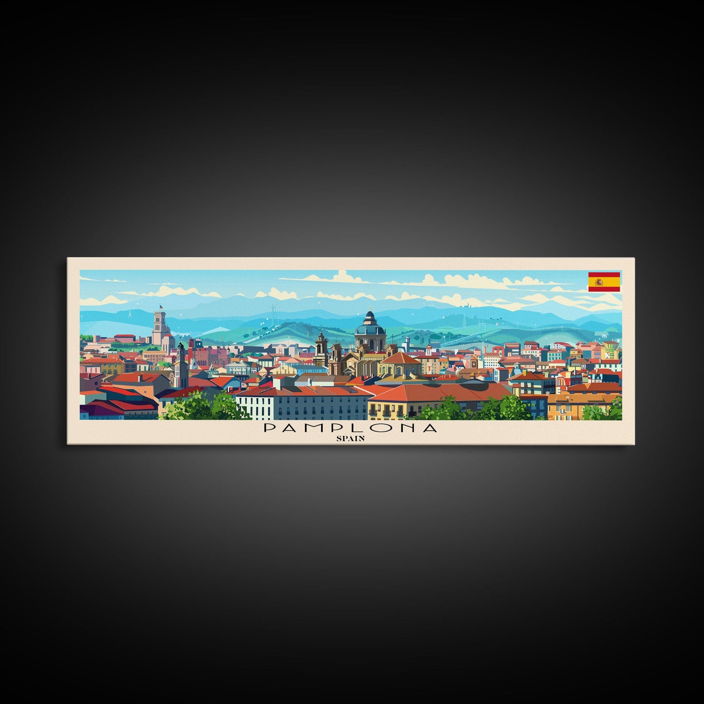 Pamplona Spain Panoramic Travel Poster, Framed Canvas Print or Metal Wall Art, Travel Art, Home Decor, Panoramic Painting, Midcentury Art