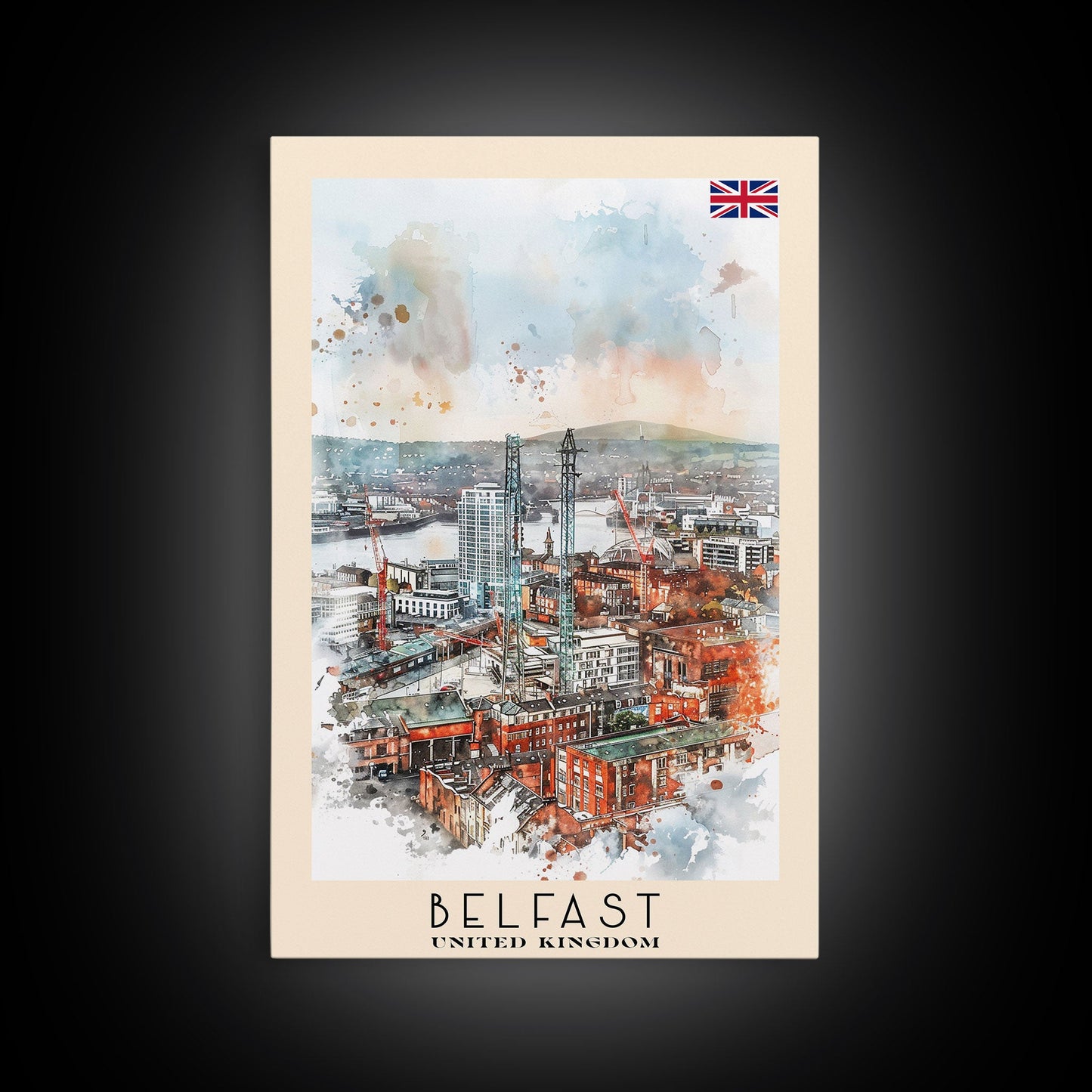 Belfast United Kingdom Travel Poster Framed Canvas Print, Wall Art, Living Room Art, Watercolor Painting, Original Art