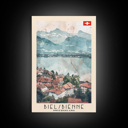 Biel/Bienne Switzerland Travel Poster Framed Canvas Print, Watercolor Painting, Wall Art, Home Decor, Scenic Travel Print