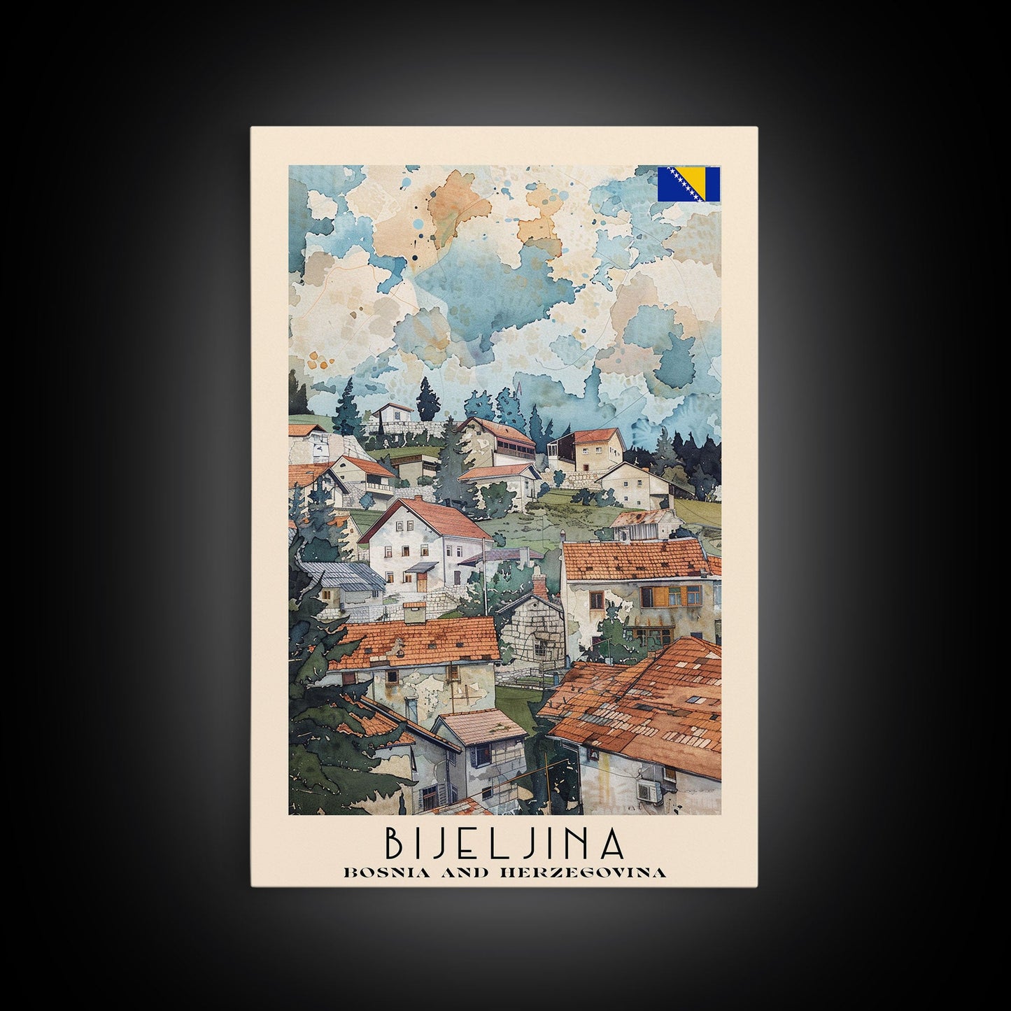 Bijeljina Bosnia and Herzegovina Travel Poster Framed Canvas Print, Watercolor Art, Home Decor, Wall Art, Travel Print