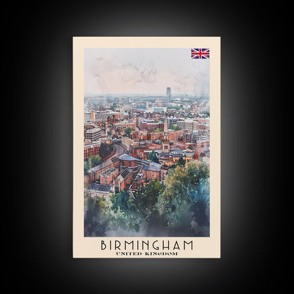 Birmingham United Kingdom Travel Poster Framed Canvas Print, Watercolor Art, Home Decor, Wall Art, Travel Print, Cityscape Art
