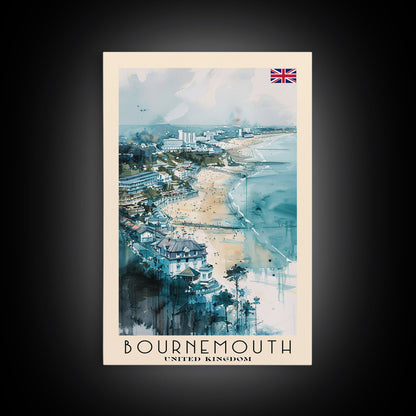 Bournemouth United Kingdom Travel Poster Framed Canvas Print, Wall Art, Home Decor, Travel Print, Beach View, Watercolor Art
