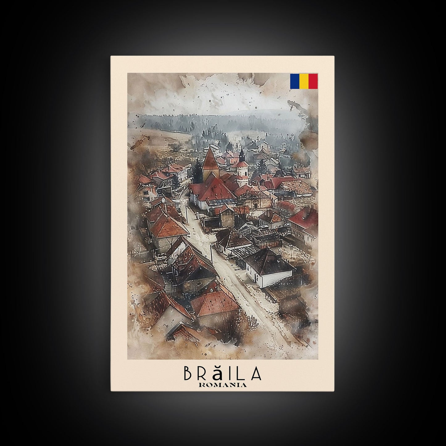 Brăila Romania Travel Poster Framed Canvas Print, Cityscape Art, Wall Decor, Travel Print, Watercolor Painting, Rustic Scene Art