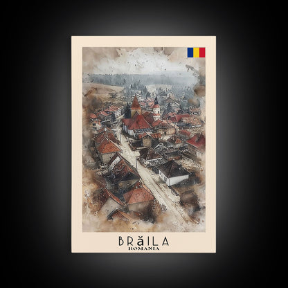 Brăila Romania Travel Poster Framed Canvas Print, Cityscape Art, Wall Decor, Travel Print, Watercolor Painting, Rustic Scene Art