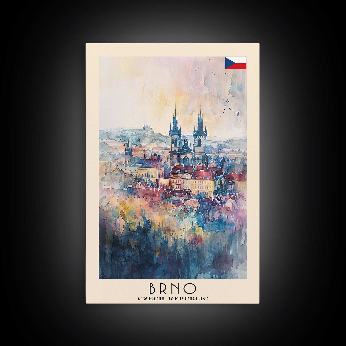 Brno Czech Republic Travel Poster Framed Canvas Print, Cityscape Art, Wall Decor, Travel Print, Watercolor Painting, Boho Style Art
