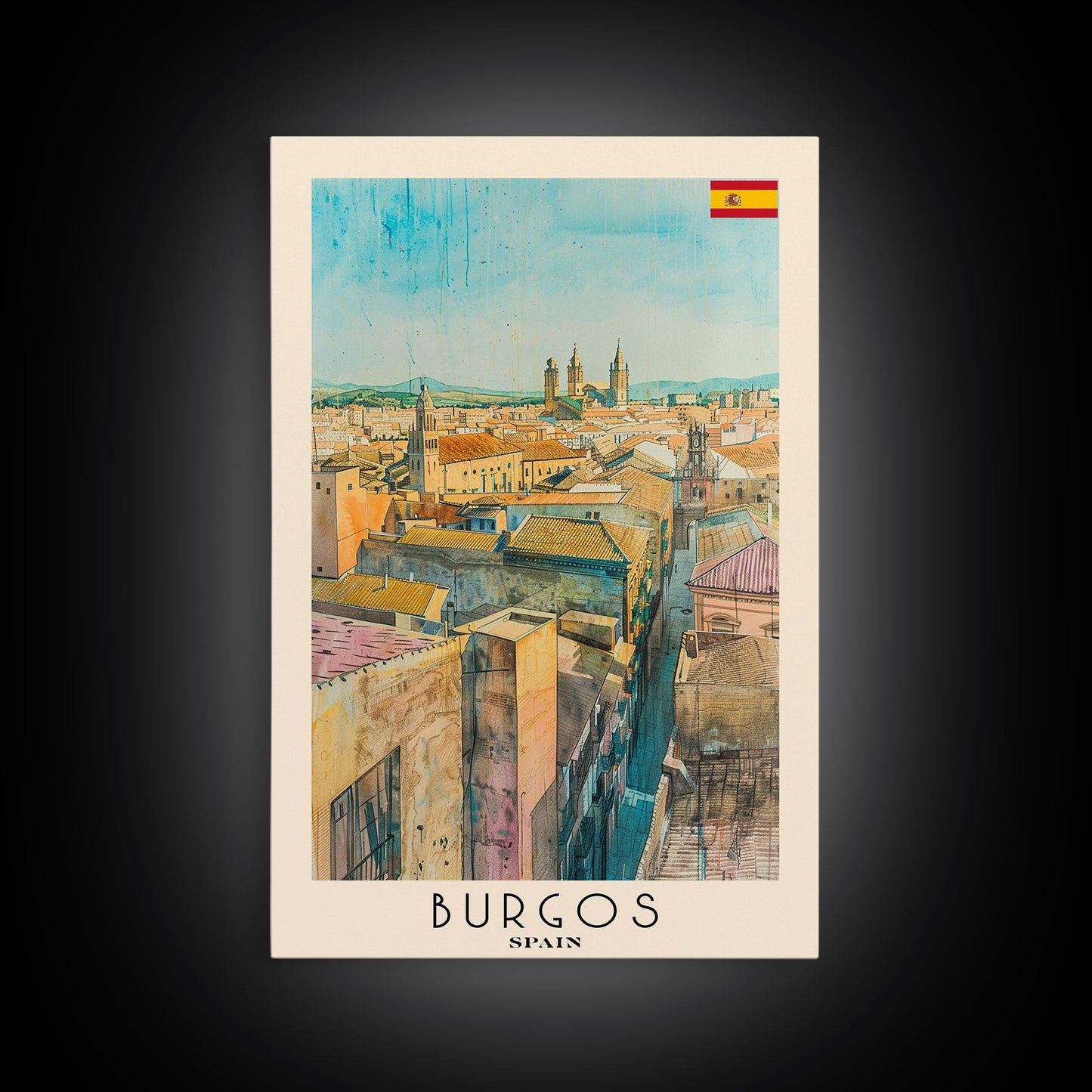 Burgos Spain Travel Poster Framed Canvas Print, Watercolor Cityscape, Wall Art, Home Decor, Living Room Art, Travel Print, Boho Style, Art Piece