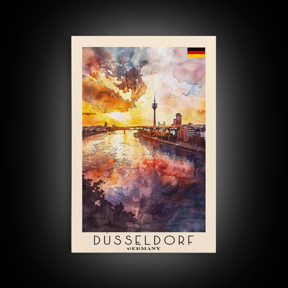 Dusseldorf, Germany Sunset Framed Canvas Print. Striking Wall Art for Living Room or Bedroom, Urban Travel Poster Decor.