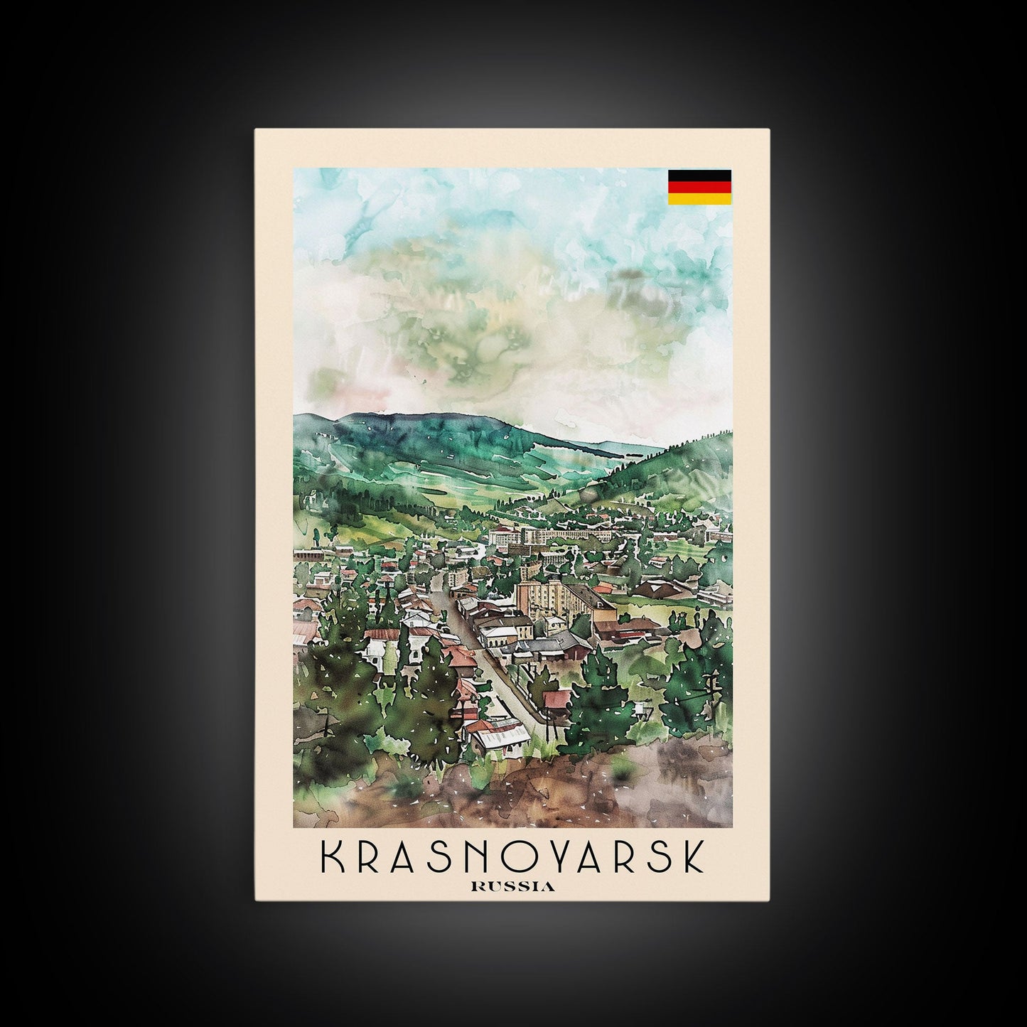 Krasnoyarsk Russia Travel Poster Framed Canvas Print, Watercolor Cityscape, Home Decor, Wall Art, Scenic Painting, Travel Print, Artistic Gift
