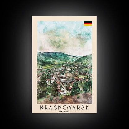 Krasnoyarsk Russia Travel Poster Framed Canvas Print, Watercolor Cityscape, Home Decor, Wall Art, Scenic Painting, Travel Print, Artistic Gift