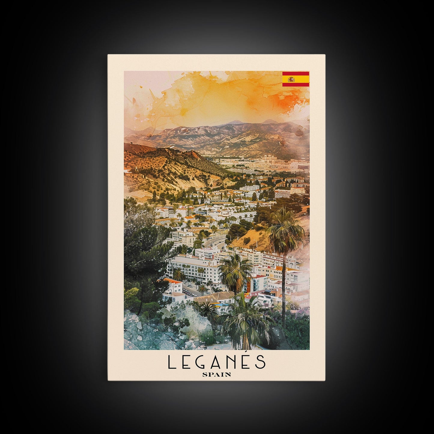Leganes Spain Travel Poster Framed Canvas Print, Vibrant Cityscape, Watercolor Painting, Wall Art, Home Decor, Travel Print, Artistic Gift