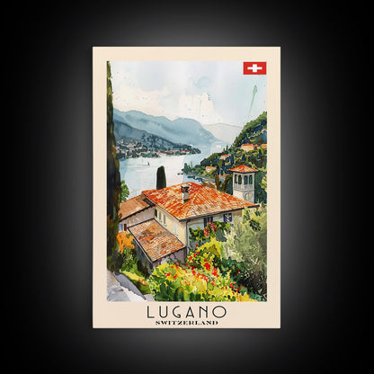 Lugano Switzerland Travel Poster Framed Canvas Print, Lakeside Cityscape, Watercolor Painting, Wall Art, Home Decoration, Travel Print, Artistic Gift